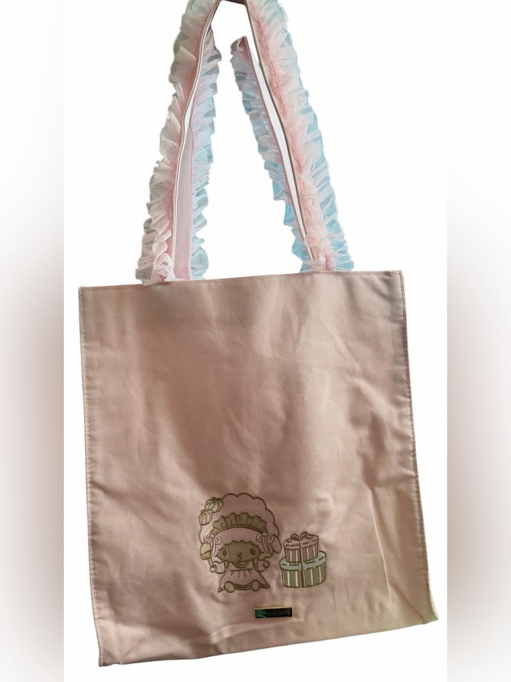Pink Ruffle-Handle Tote Bag with Cute Embroidery